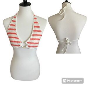 Aerie Crochet Bikini Top M Orange & White Wooden Ring Accent Triangle Top